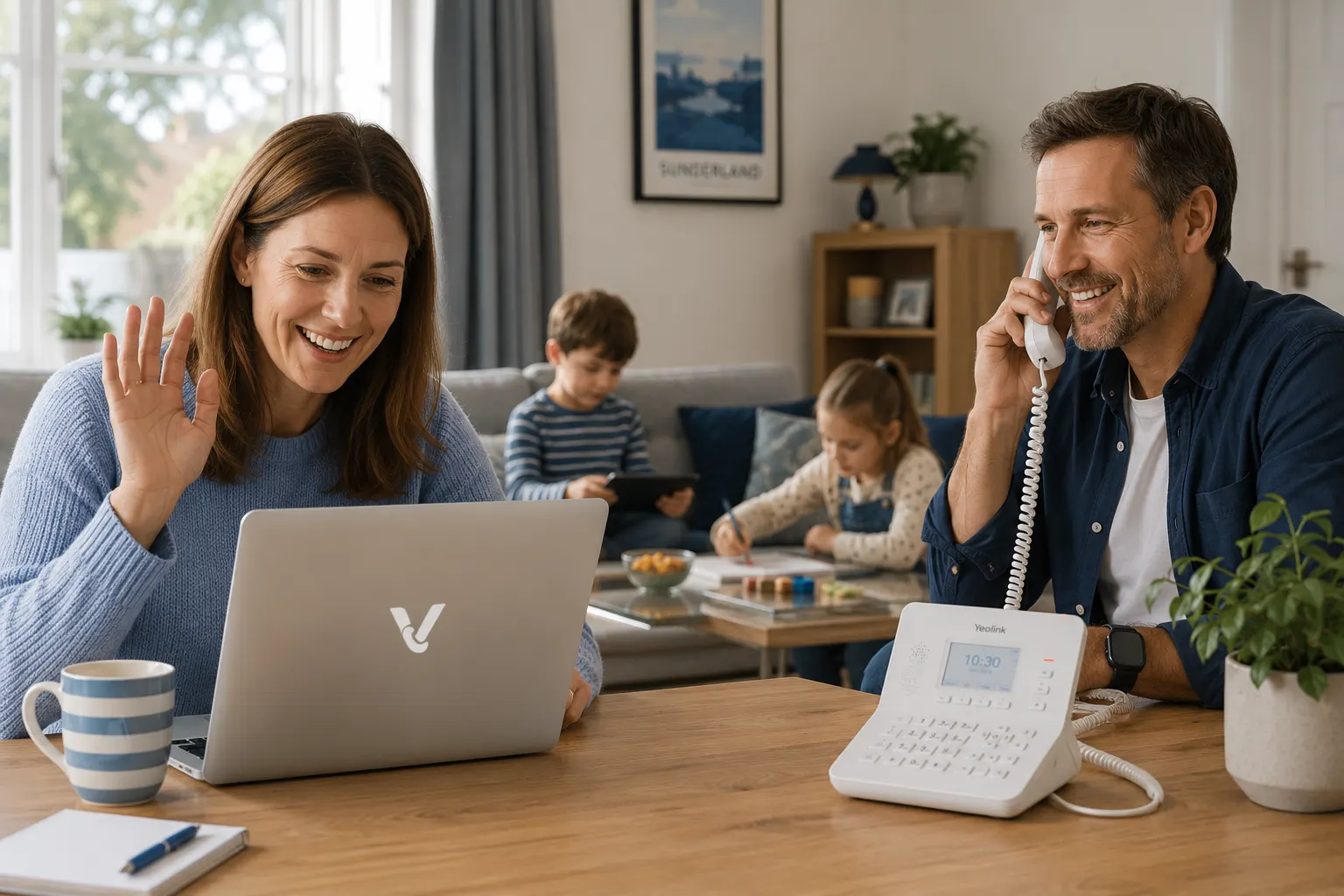 Family using Virtual Voice, mum on laptop, dad on phone