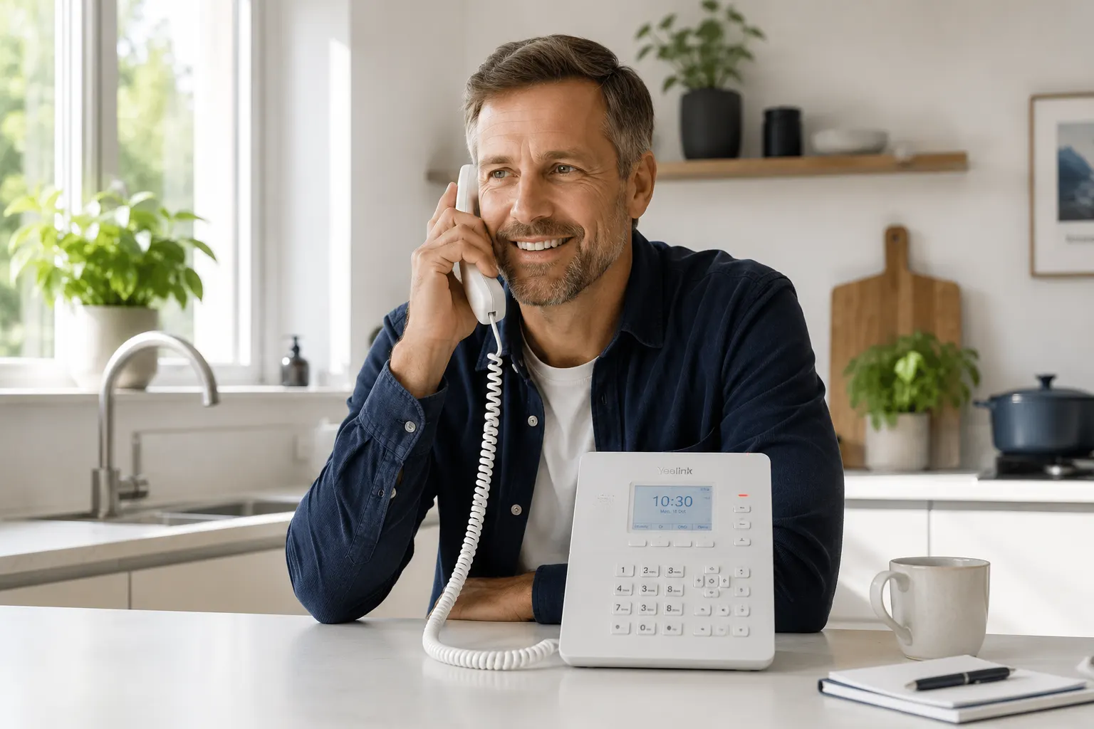 Man on Virtual Voice call in kitchen