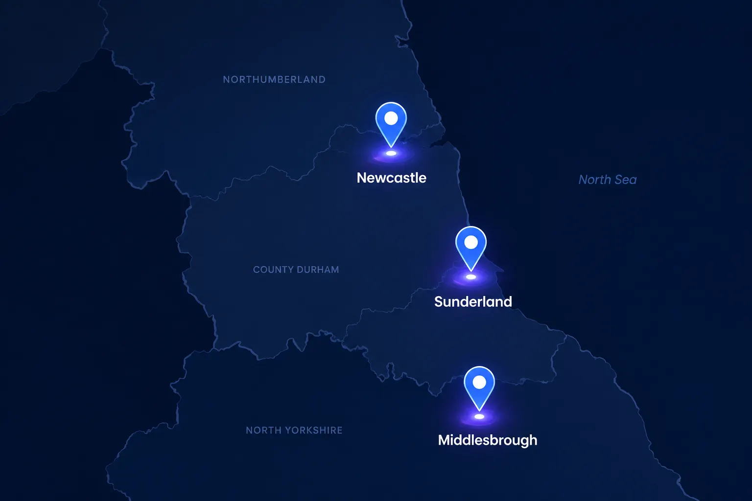 Map of the North East showing Newcastle, Sunderland and Middlesbrough