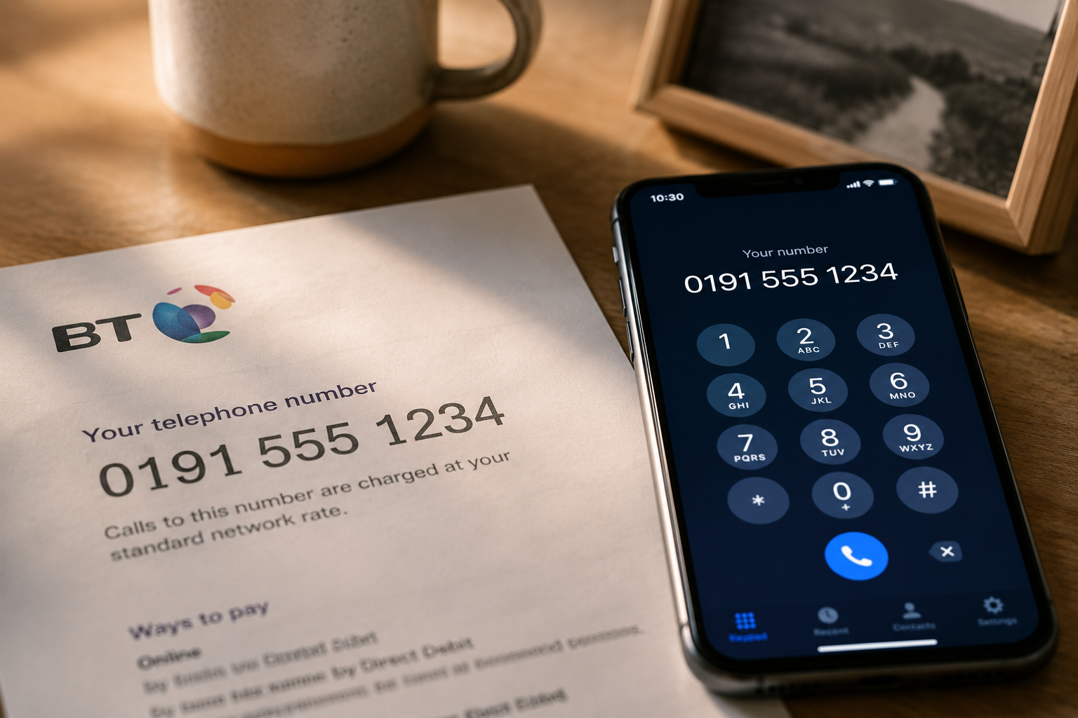BT bill showing 0191 number alongside same number on a smartphone